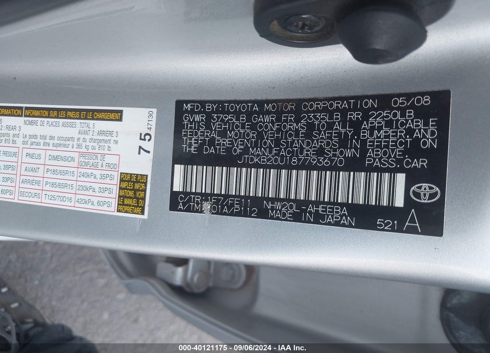 2008 TOYOTA PRIUS VIN: JTDKB20U187793670