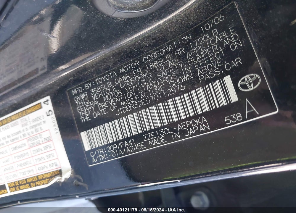 2007 TOYOTA COROLLA CE VIN: JTDBR32E570112876