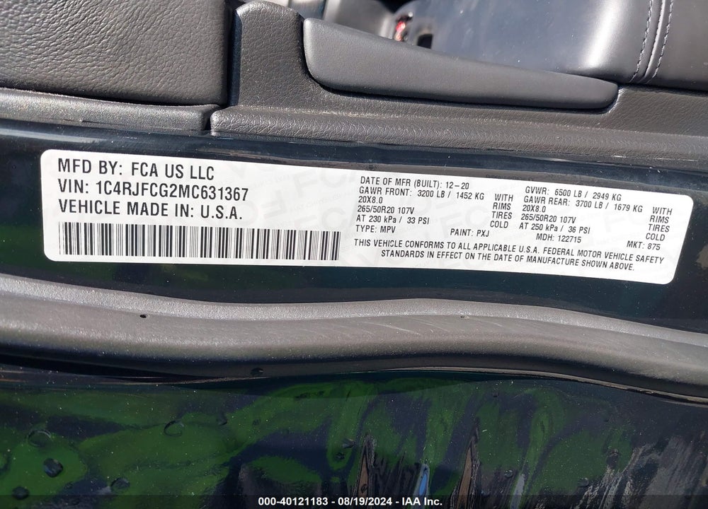 2021 JEEP GRAND CHEROKEE HIGH ALTITUDE 4X4 VIN: 1C4RJFCG2MC631367