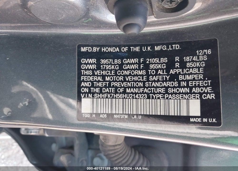 2017 HONDA CIVIC EX VIN: SHHFK7H56HU214323