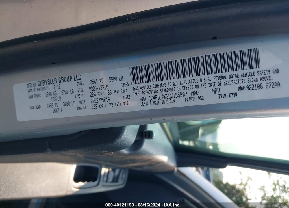 2012 JEEP LIBERTY SPORT VIN: 1C4PJLAK2CW155907