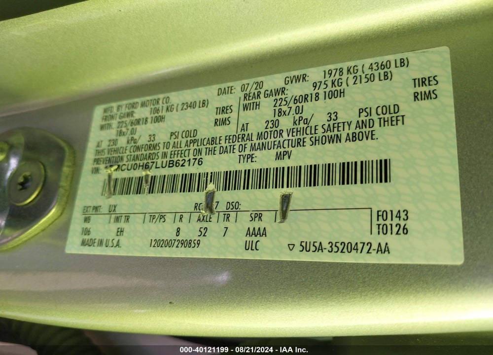 2020 FORD ESCAPE SEL VIN: 1FMCU0H67LUB62176