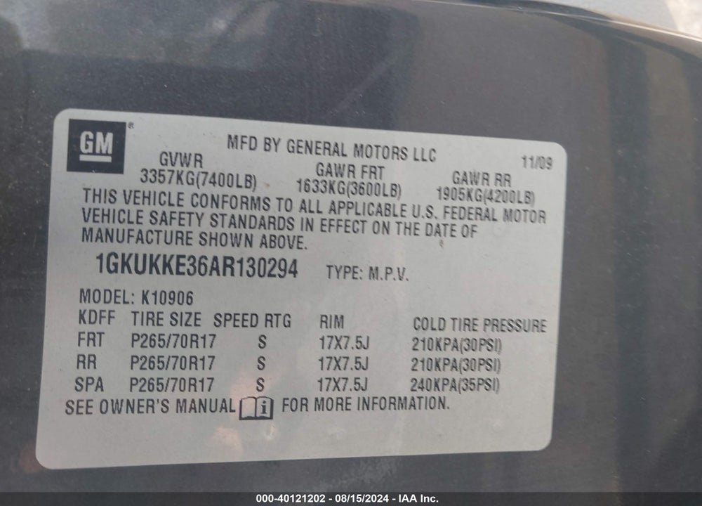 2010 GMC YUKON XL 1500 SLT VIN: 1GKUKKE36AR130294