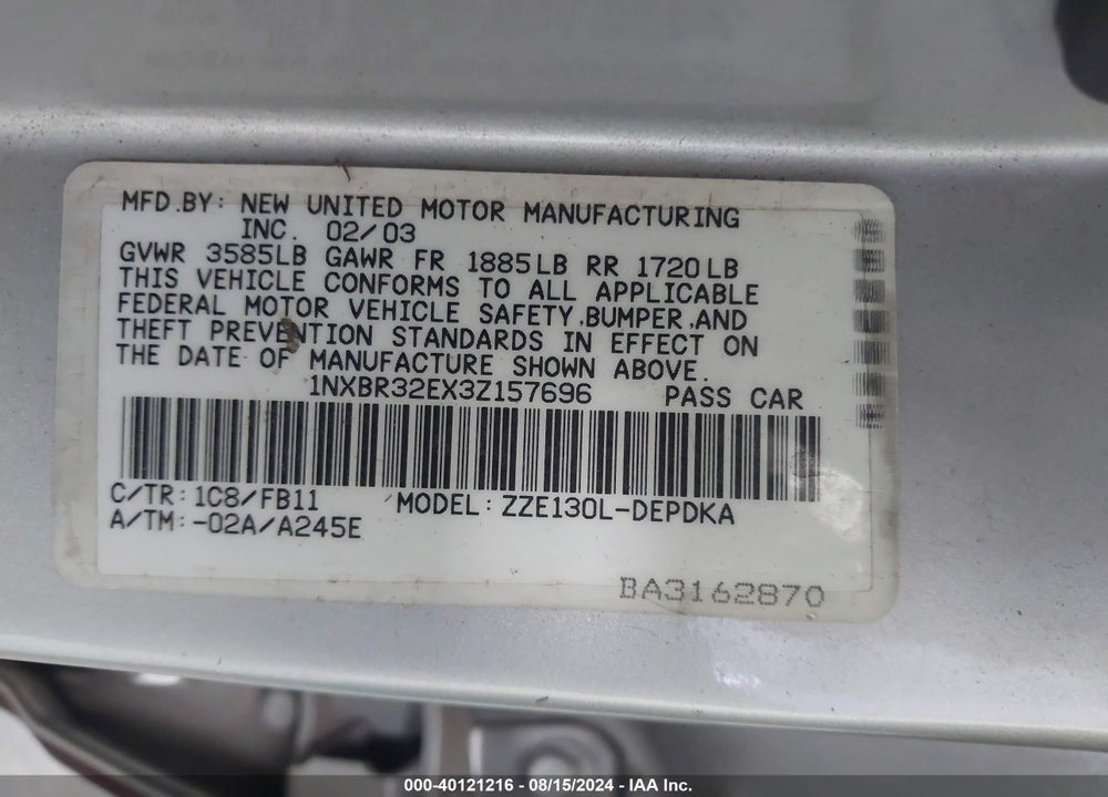 2003 TOYOTA COROLLA CE VIN: 1NXBR32EX3Z157696