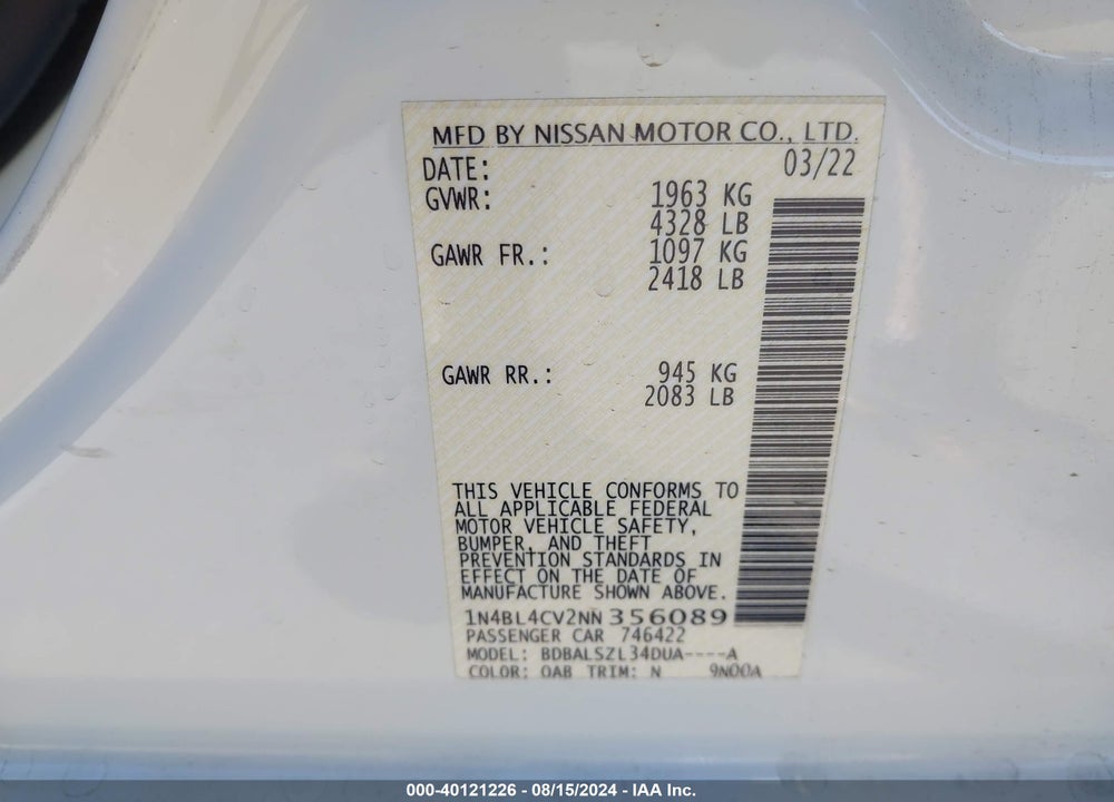 2022 NISSAN ALTIMA SR FWD VIN: 1N4BL4CV2NN356089