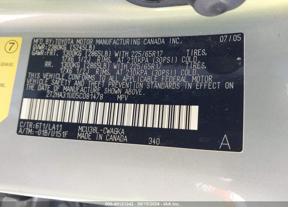 2005 LEXUS RX 330 VIN: 2T2HA31U05C081478