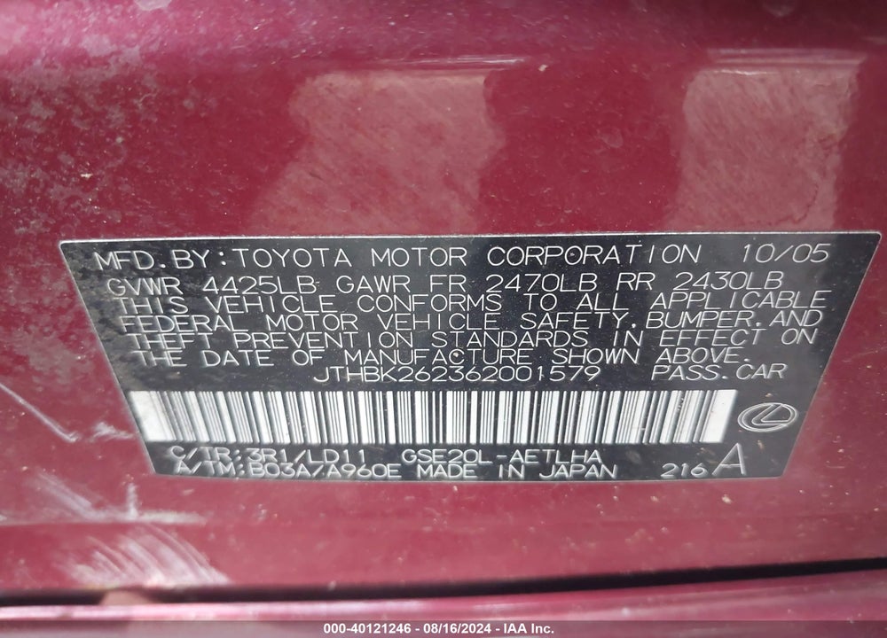 2006 LEXUS IS 250 VIN: JTHBK262362001579