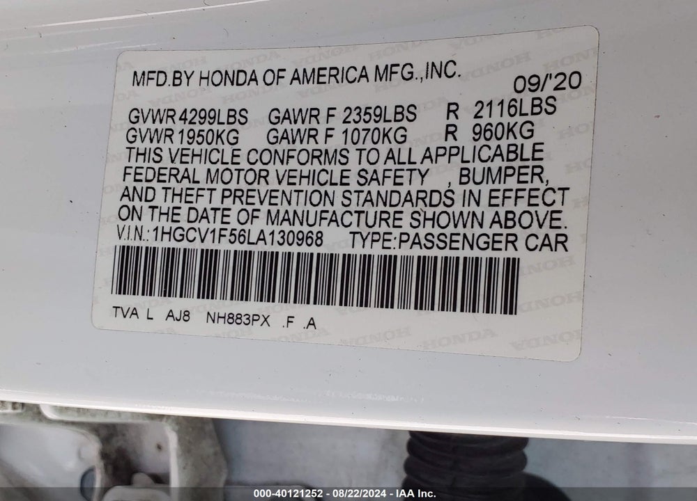 2020 HONDA ACCORD EX-L VIN: 1HGCV1F56LA130968