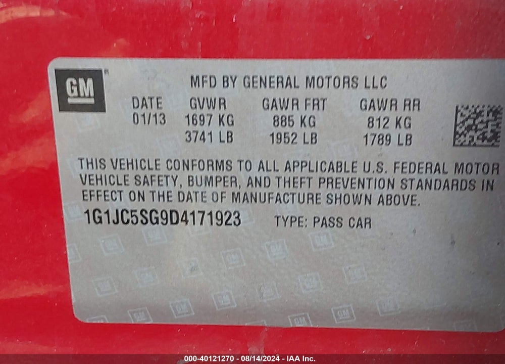 2013 CHEVROLET SONIC LT AUTO VIN: 1G1JC5SG9D4171923