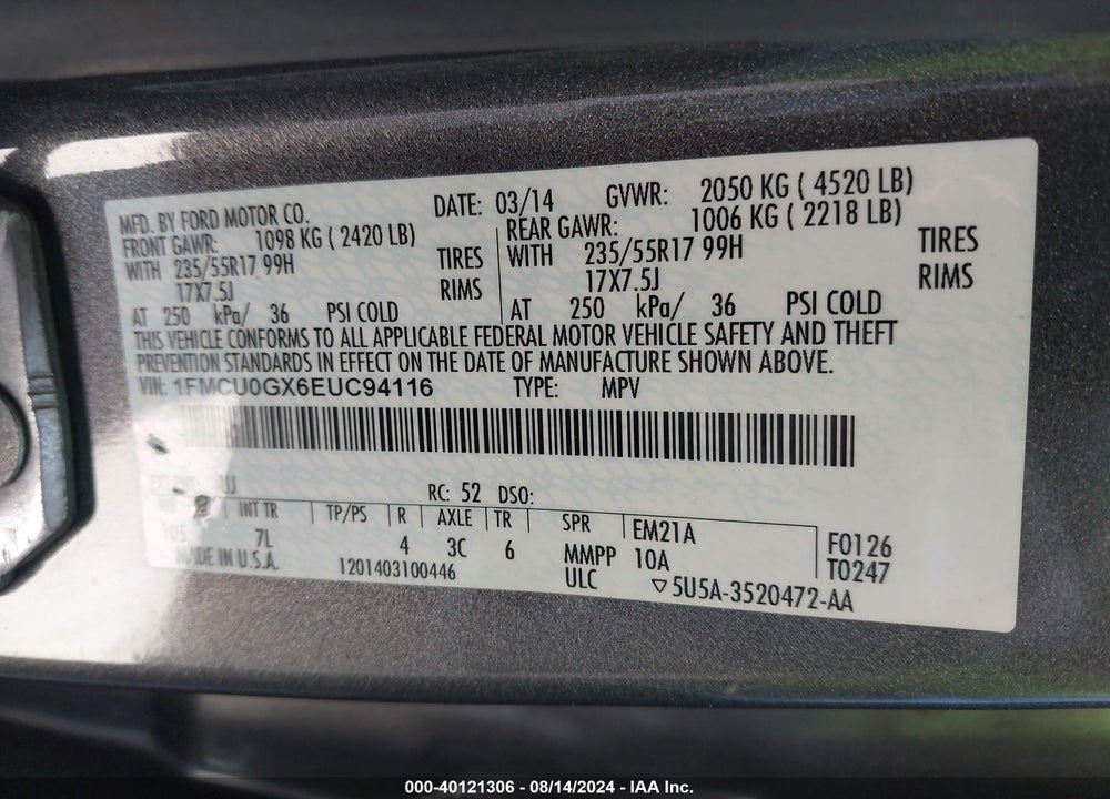 2014 FORD ESCAPE SE VIN: 1FMCU0GX6EUC94116
