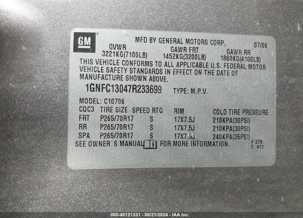 2007 CHEVROLET TAHOE LT VIN: 1GNFC13047R233699