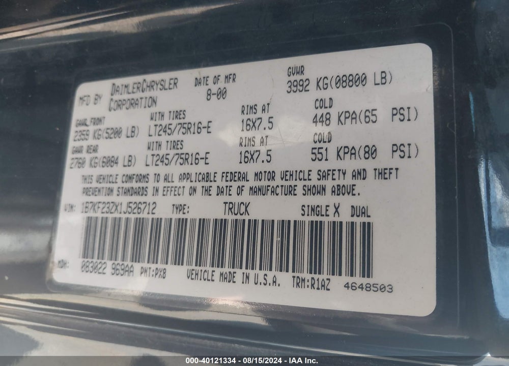 2001 DODGE RAM 2500 ST VIN: 1B7KF23ZX1J526712