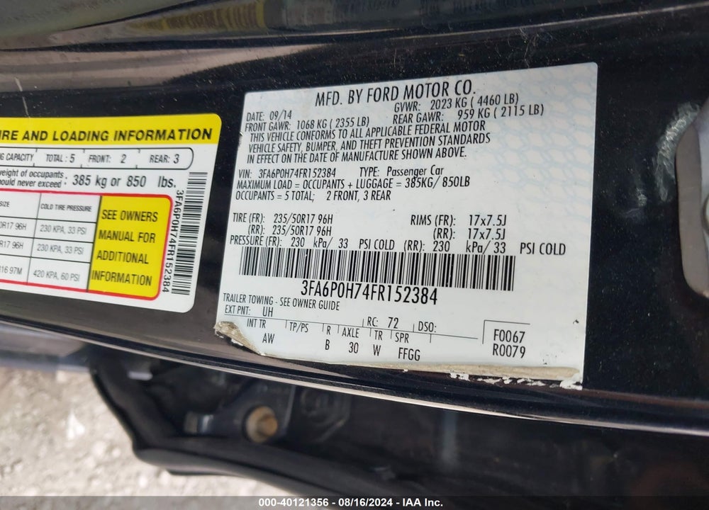 2015 FORD FUSION SE VIN: 3FA6P0H74FR152384