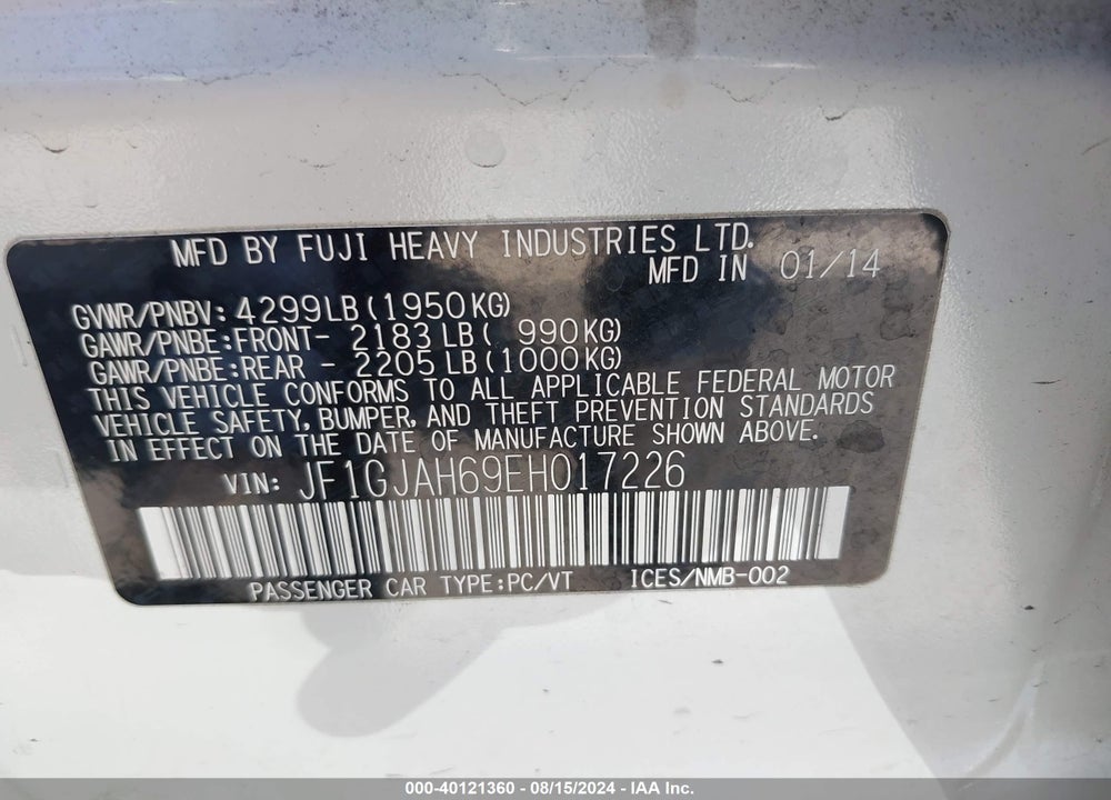 2014 SUBARU IMPREZA 2.0I LIMITED VIN: JF1GJAH69EH017226