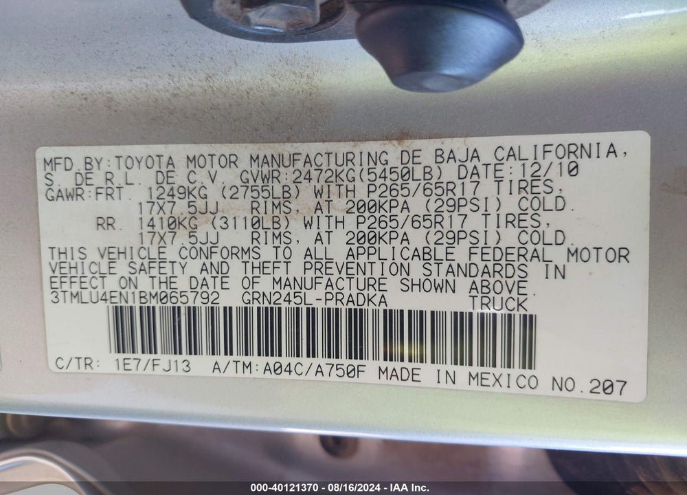 2011 TOYOTA TACOMA BASE V6 VIN: 3TMLU4EN1BM065792