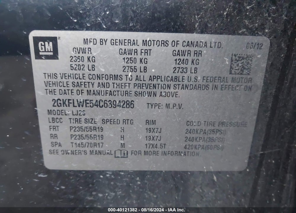 2012 GMC TERRAIN SLT-2 VIN: 2GKFLWE54C6394286