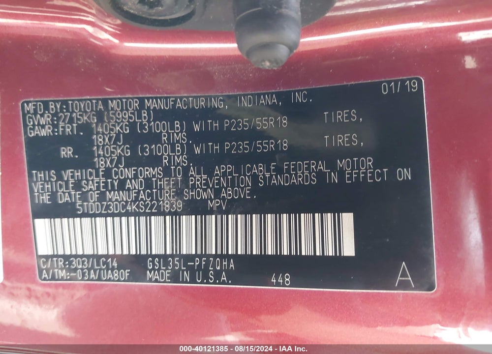 2019 TOYOTA SIENNA XLE VIN: 5TDDZ3DC4KS221839