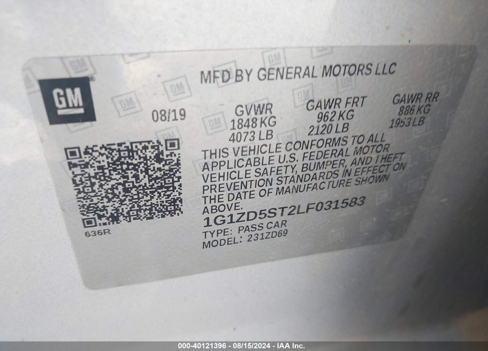 2020 CHEVROLET MALIBU FWD LT VIN: 1G1ZD5ST2LF031583