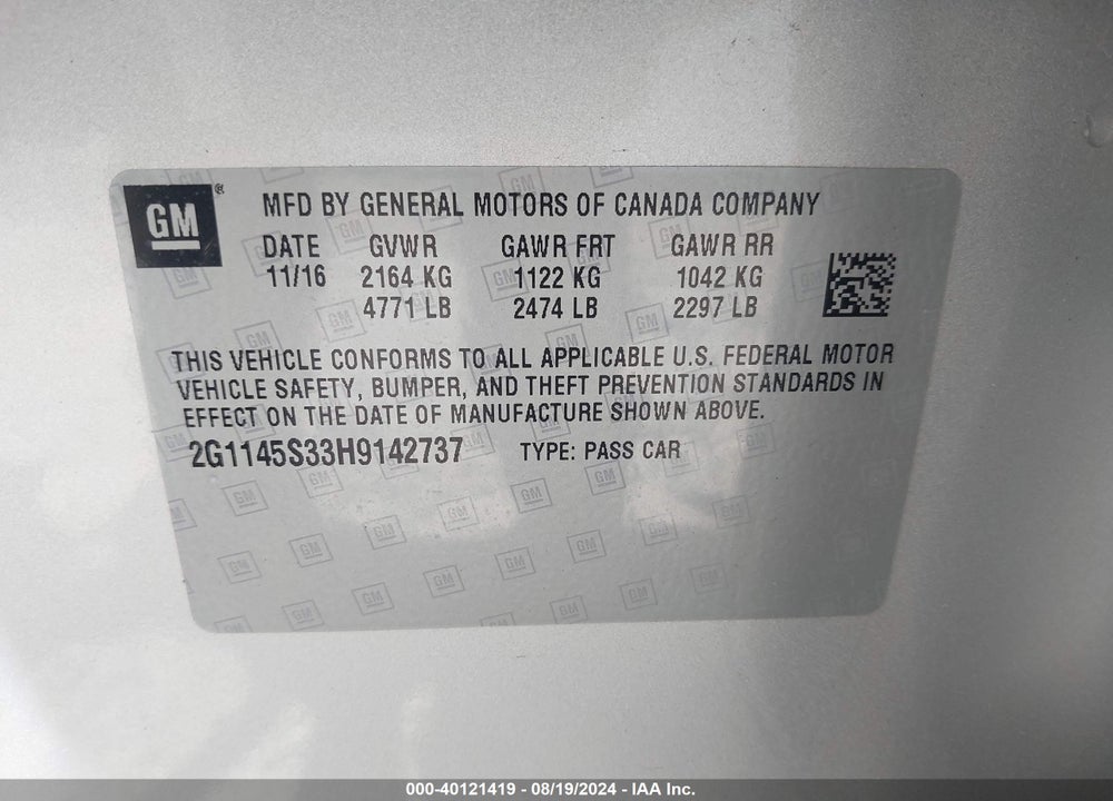 2017 CHEVROLET IMPALA VIN: 2G1145S33H9142737