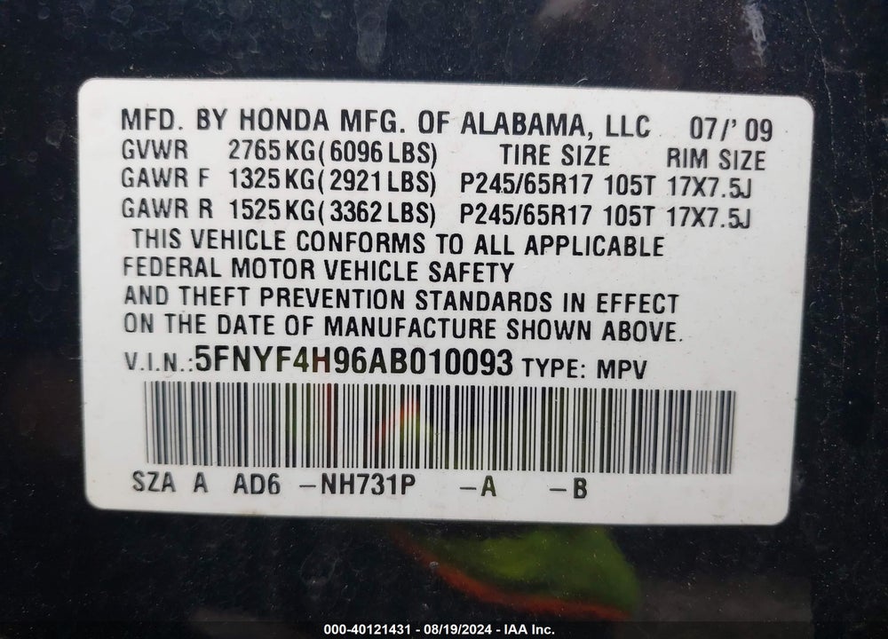 2010 HONDA PILOT VIN: 5FNYF4H96AB010093