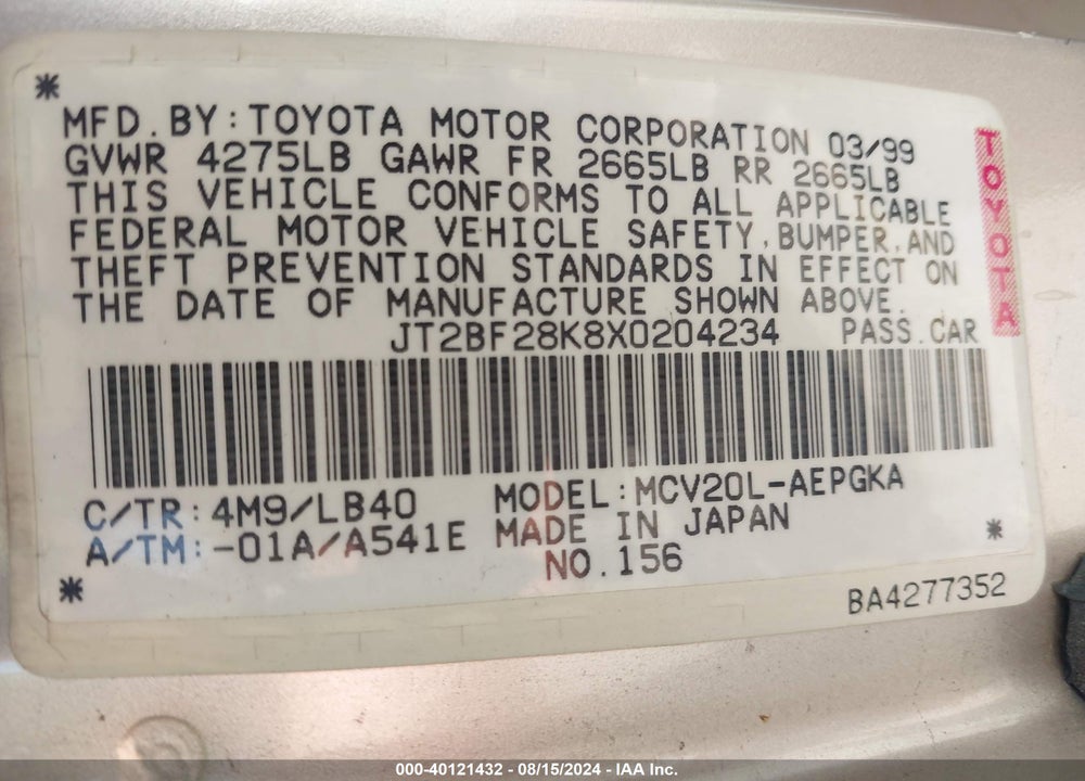 1999 TOYOTA CAMRY XLE V6 VIN: JT2BF28K8X0204234