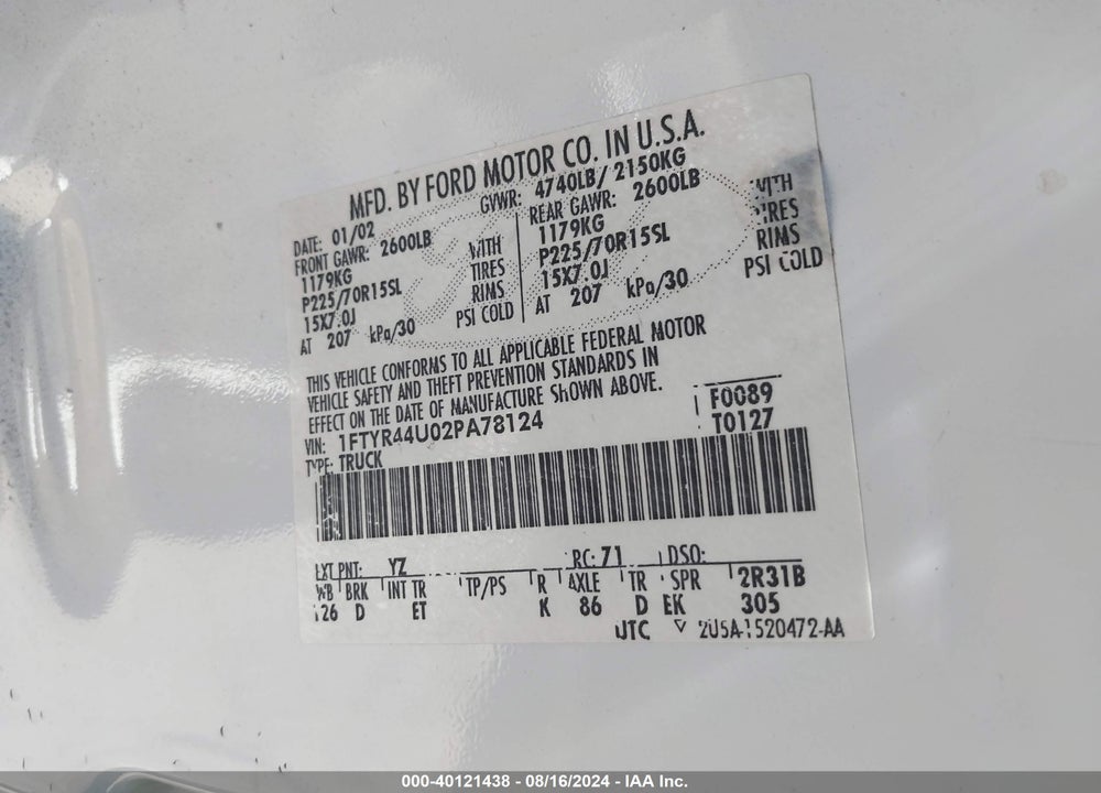 2002 FORD RANGER EDGE/TREMOR/XLT VIN: 1FTYR44U02PA78124