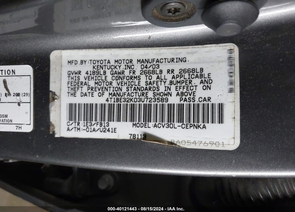 2003 TOYOTA CAMRY LE VIN: 4T1BE32K03U723589