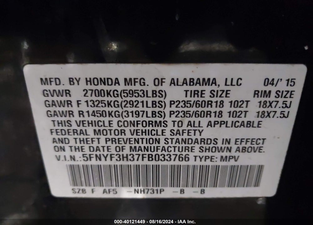 2015 HONDA PILOT SE VIN: 5FNYF3H37FB033766