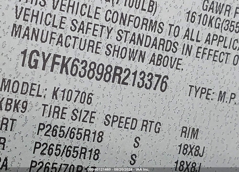 2008 CADILLAC ESCALADE STANDARD VIN: 1GYFK63898R213376