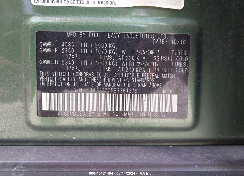 2011 SUBARU OUTBACK 2.5I PREMIUM VIN: 4S4BRBCC5B3361379