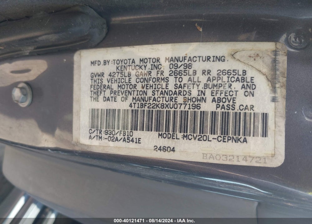 1999 TOYOTA CAMRY VIN: 4T1BF22K8XU077196