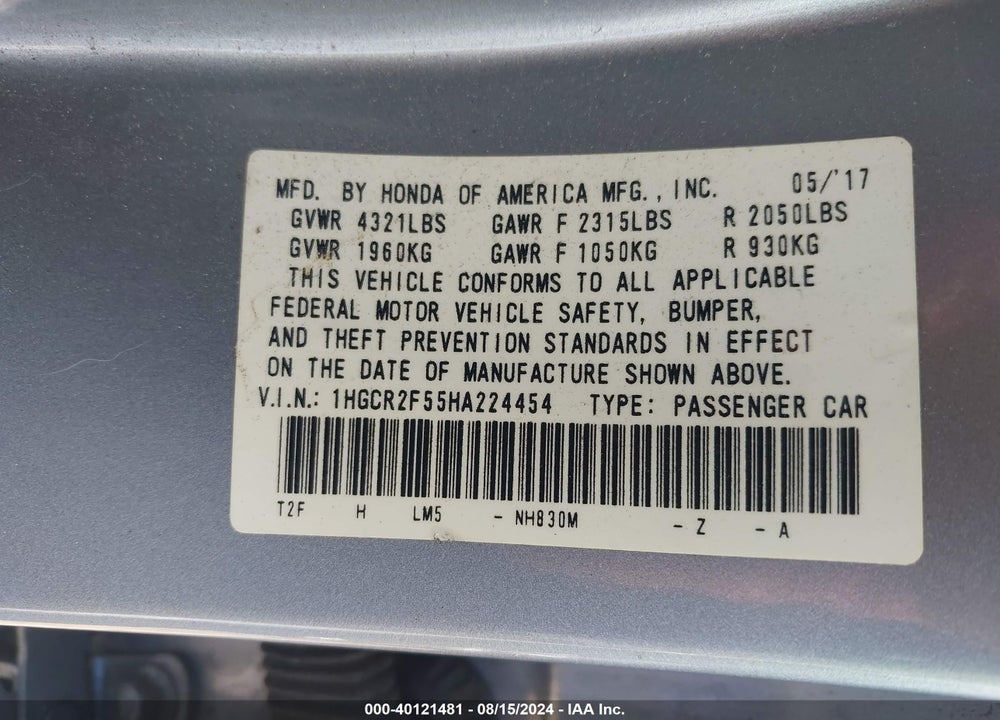 2017 HONDA ACCORD VIN: 1HGCR2F55HA224454