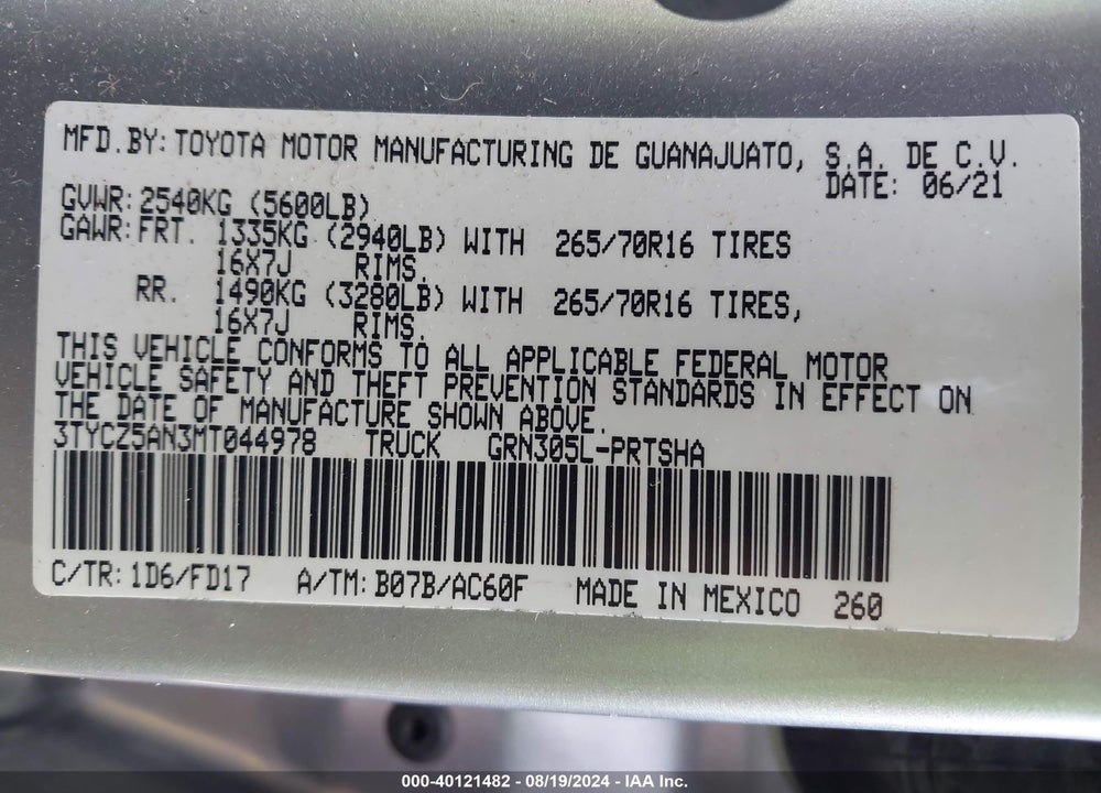 2021 TOYOTA TACOMA TRD OFF ROAD VIN: 3TYCZ5AN3MT044978