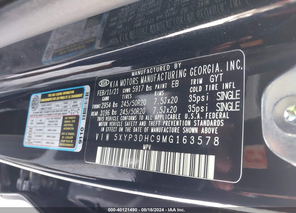 2021 KIA TELLURIDE EX VIN: 5XYP3DHC9MG163578