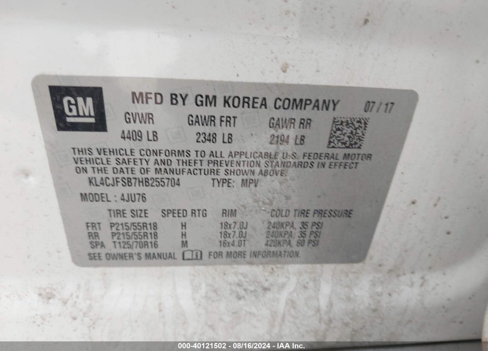 2017 BUICK ENCORE PREFERRED II VIN: KL4CJFSB7HB255704