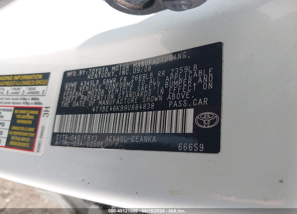 2009 TOYOTA CAMRY LE VIN: 4T1BE46K99U884838