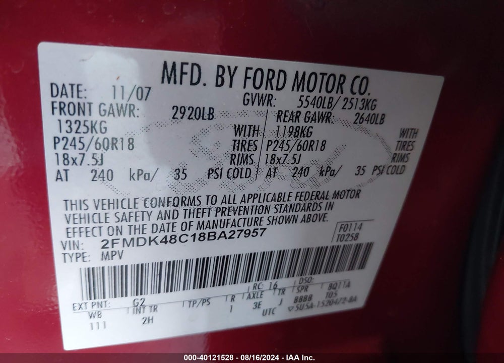 2008 FORD EDGE SEL VIN: 2FMDK48C18BA27957