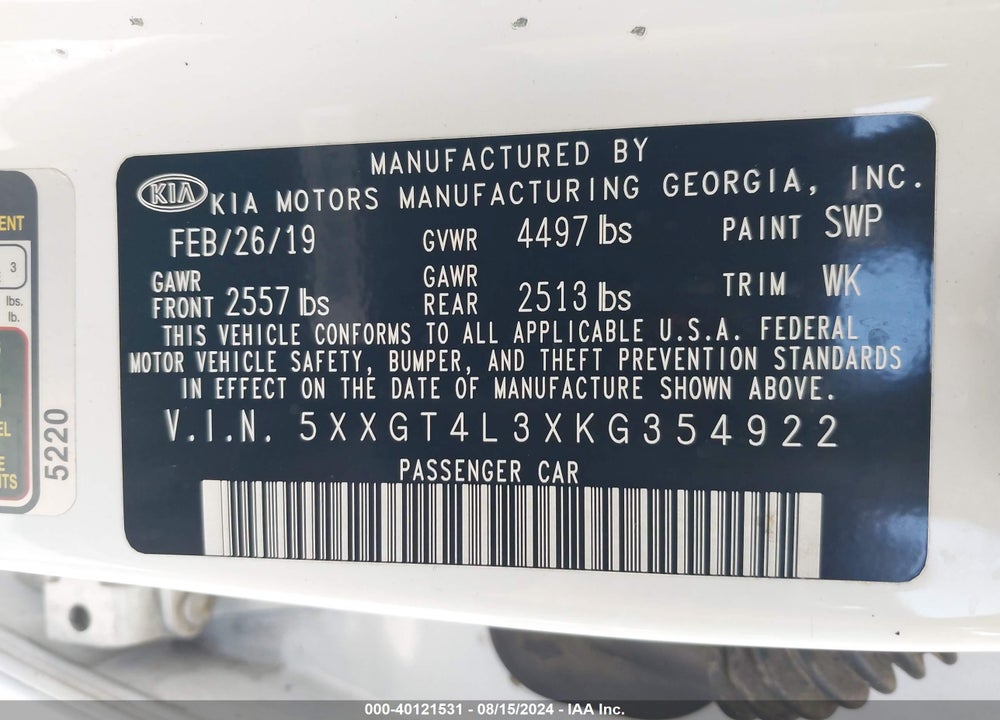 2019 KIA OPTIMA LX VIN: 5XXGT4L3XKG354922