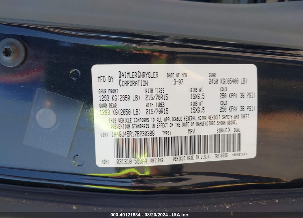 2007 CHRYSLER TOWN & COUNTRY VIN: 1A4GJ45R17B230388