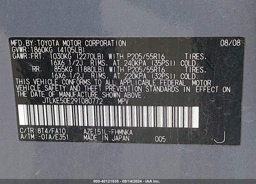 2009 SCION XB VIN: JTLKE50E291080772