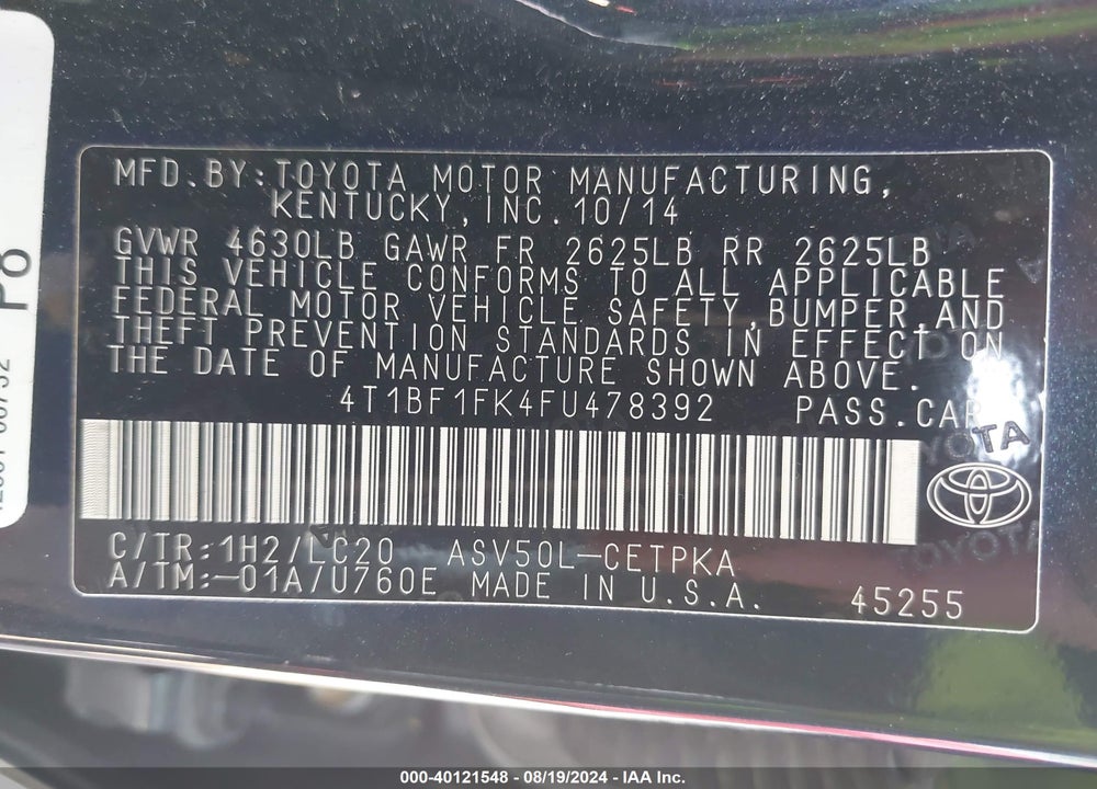 2015 TOYOTA CAMRY XSE VIN: 4T1BF1FK4FU478392