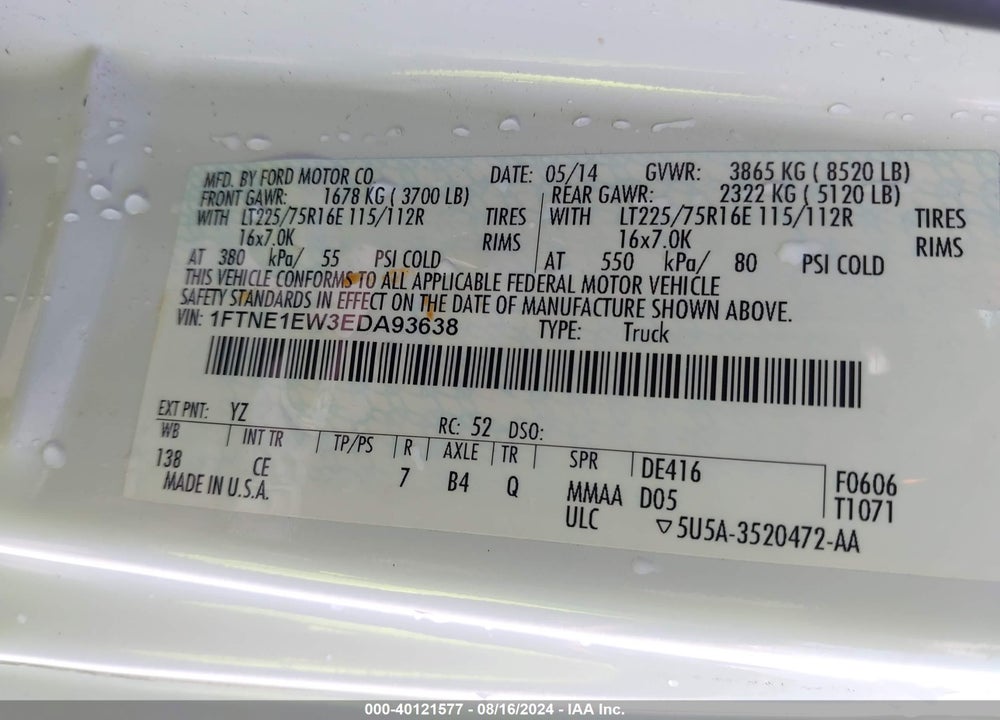 2014 FORD E-150 COMMERCIAL VIN: 1FTNE1EW3EDA93638