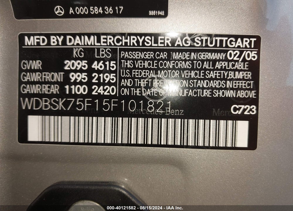2005 MERCEDES-BENZ SL 500 VIN: WDBSK75F15F101821