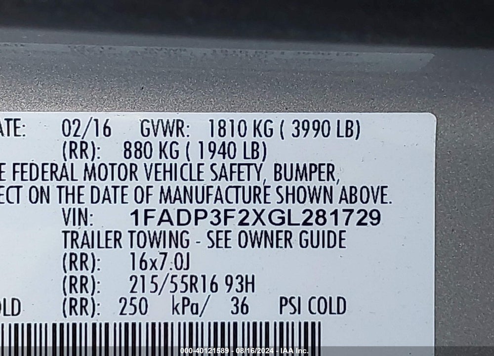2016 FORD FOCUS VIN: 1FADP3F2XGL281729