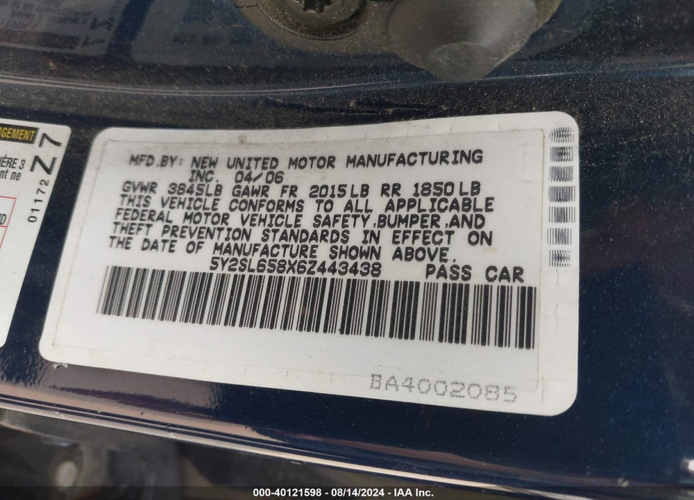 2006 PONTIAC VIBE VIN: 5Y2SL658X6Z443438
