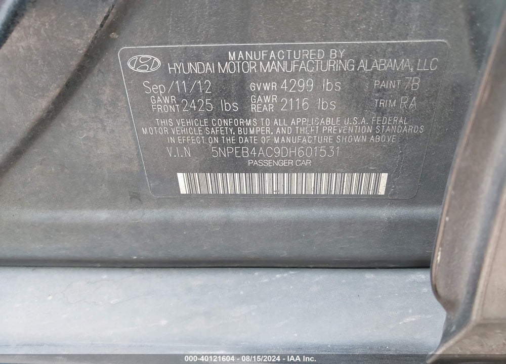 2013 HYUNDAI SONATA GLS VIN: 5NPEB4AC9DH601531