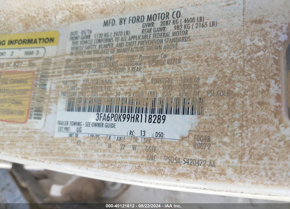 2017 FORD FUSION TITANIUM VIN: 3FA6P0K99HR118289