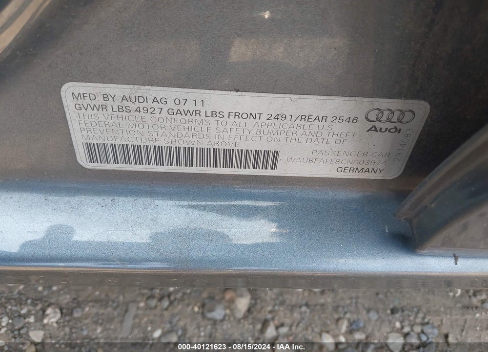 2012 AUDI A4 2.0T PREMIUM VIN: WAUBFAFL8CN003974