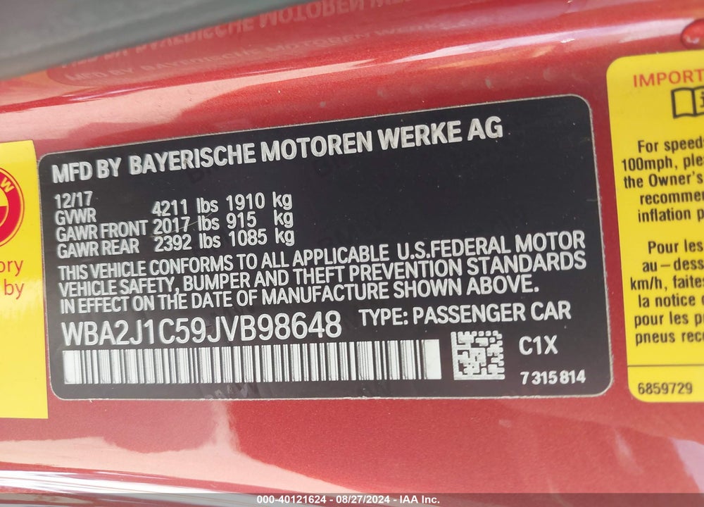 2018 BMW 230I VIN: WBA2J1C59JVB98648