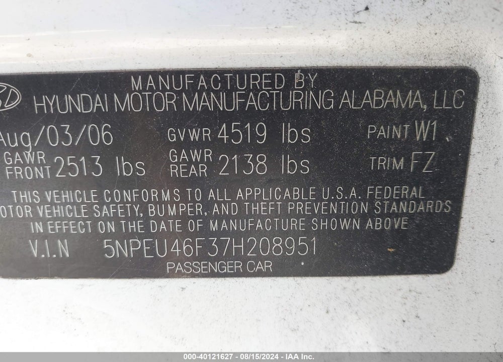 2007 HYUNDAI SONATA LIMITED/SE V6 VIN: 5NPEU46F37H208951